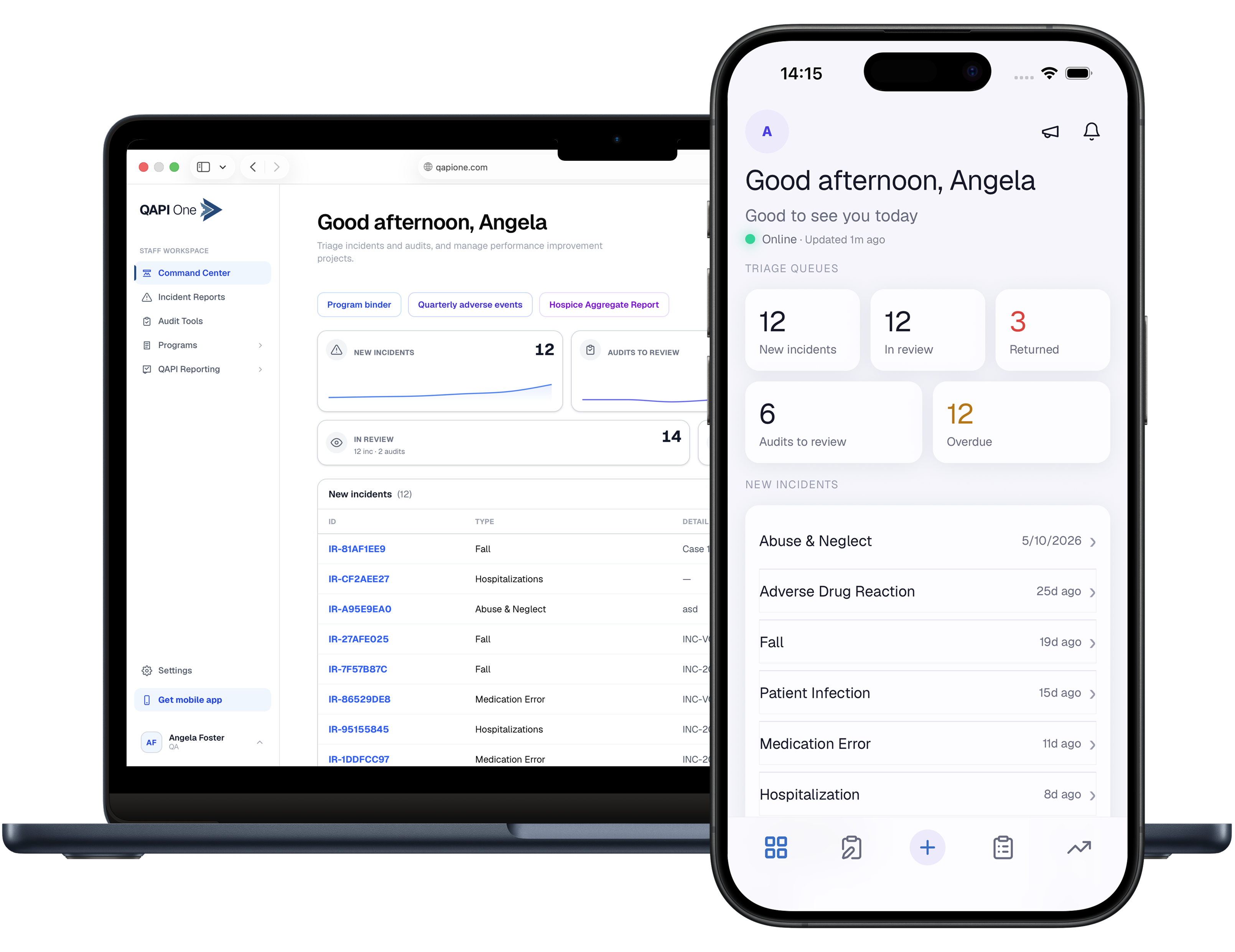 QAPI One on web and mobile showing the QA command center and triage queues